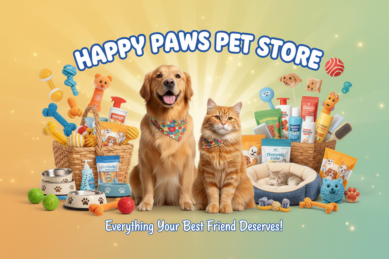 create a poster 16*9 size where a dong and cat and add some product 